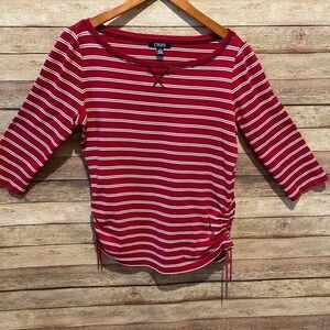 CHAPS Women’s Top 3/4 Sleeve Red White Striped Cotton Shirt Size: Large